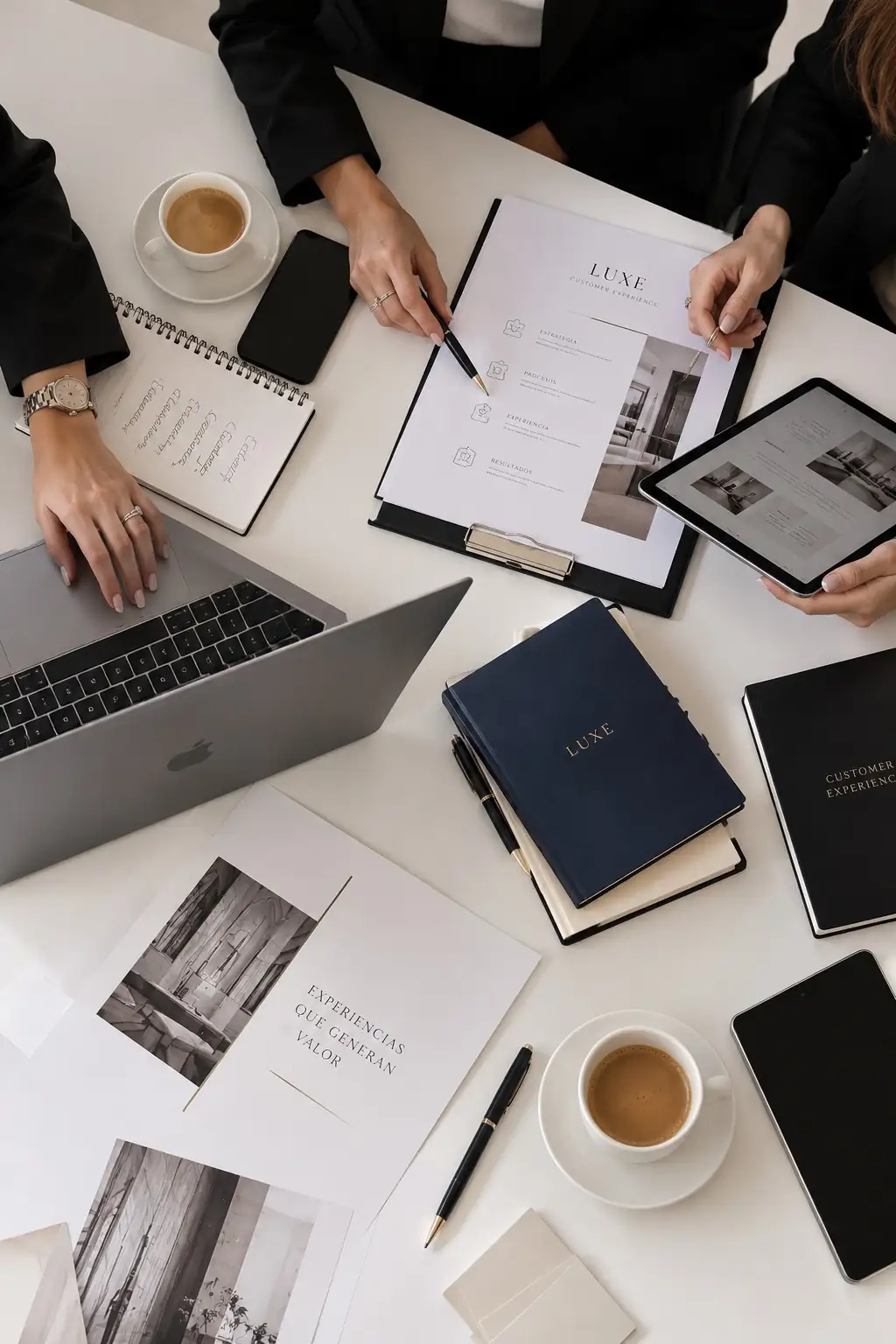 Mesa de trabajo con libros, notas y materiales de formación
